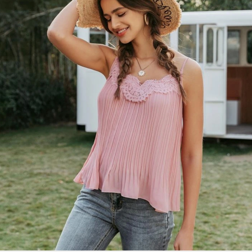 New Beautiful Pink Pleated Lace Trim Camisole Top - Picture 6 of 11